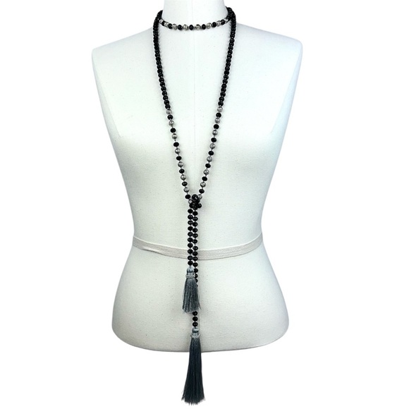 Lyn Evans Jewelry - Elegant Opera Rope Necklace, Black and Silver-tone Beads with Gray Tassels.